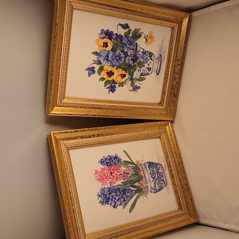 "HomeGoods" Set of Wall Art Prints Pair of Potted, Flowers by Barbara Mock.